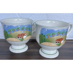 Sangostone 3645 Country Cottage 2 Coffee Tea Cups Footed 8 oz Mugs VTG Farm